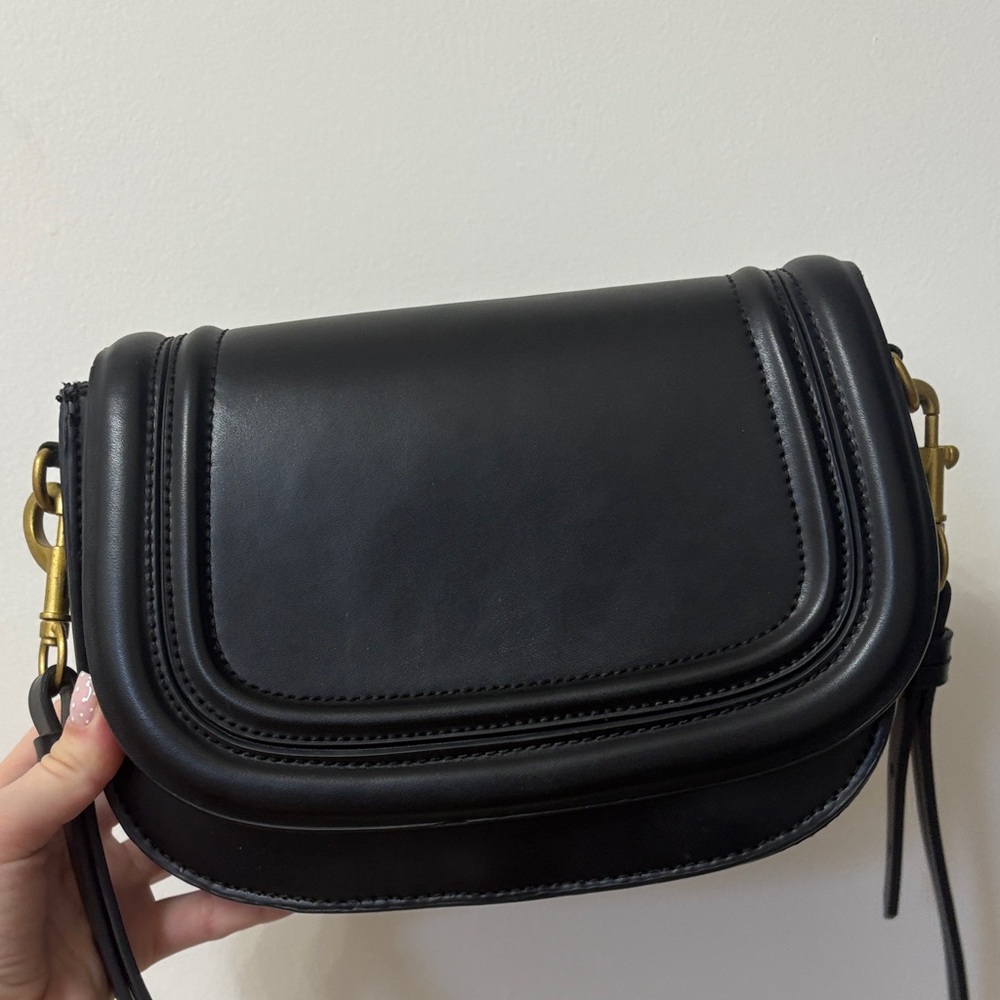Zara Black Leather Curved Flap Crossbody Bag